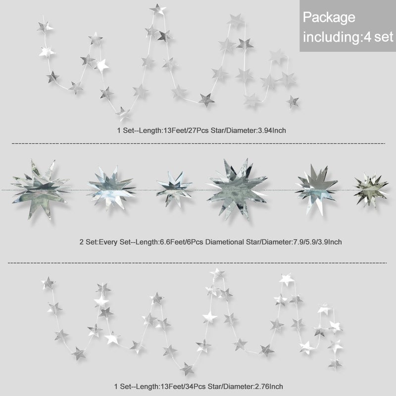 pinkblume Silver Star Garland Party Decorations Kit 3D Stars Metallic Bunting Banner for Holiday Xmas Birthday Wedding Baby Shower Hanging Decorations for Christmas Nursery Decor Clearance(4 Set) - Image 2